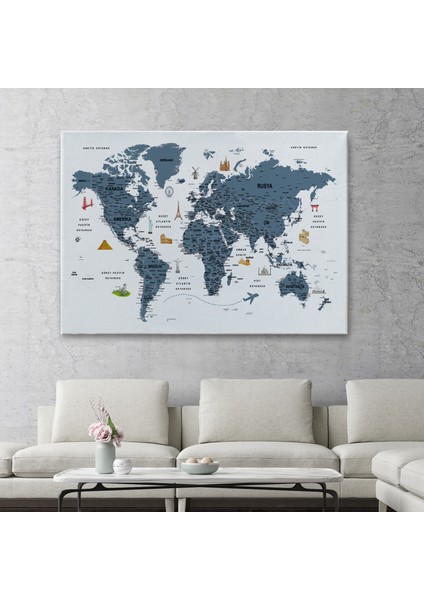 Türkçe Dünya Haritası Son Derece Ayrıntılı Eğitici ve Sembollü Kanvas Tablo 3188 fiyatları