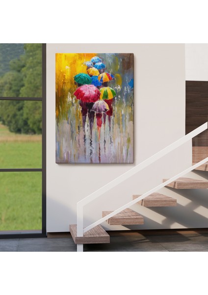 Renkli Şemsiyeler Yağlıboya Görünüm Dekoratif Kanvas Duvar Tablosu -5932 fırsatları