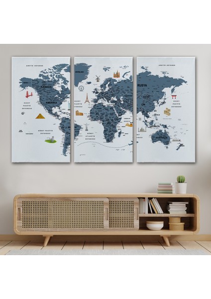 Türkçe Dünya Haritası Son Derece Ayrıntılı Eğitici ve Sembollü Kanvas Tablo 3188 modelleri