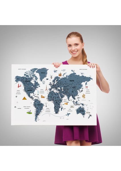 Türkçe Dünya Haritası Son Derece Ayrıntılı Eğitici ve Sembollü Kanvas Tablo 3188 fırsatları