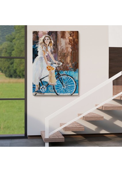 Bisiklete Binen Beyaz Elbiseli Kız Duvar TABLOSU-6007 fırsatları