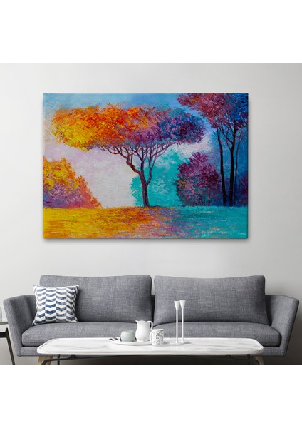 Renkli Ağaçlar Yağlıboya Görünüm Dekoratif Kanvas Duvar TABLOSU-3739 fiyatları