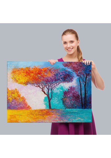 Renkli Ağaçlar Yağlıboya Görünüm Dekoratif Kanvas Duvar TABLOSU-3739 fırsatları