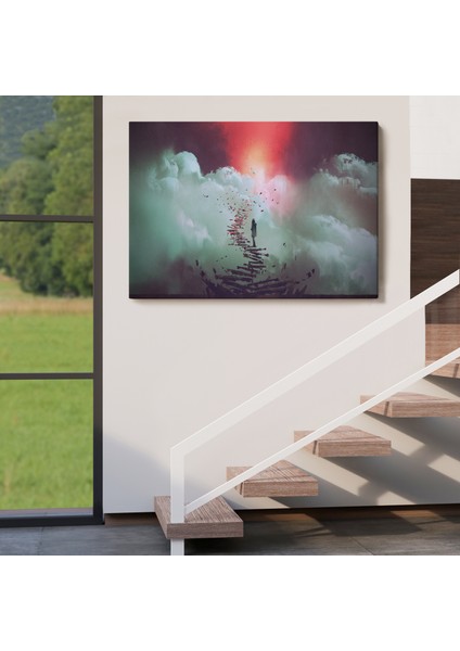 Gökyüzüne Giden Kırık Merdivenlerde Duran Genç Kadın Kanvas TABLOSU-5029 indirimleri