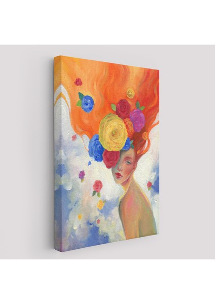 Çiçek Saçlı Kadın Yağlıboya Görünüm Dekoratif Kanvas Duvar TABLOSU-5942