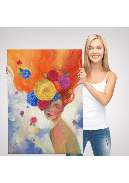 Çiçek Saçlı Kadın Yağlıboya Görünüm Dekoratif Kanvas Duvar TABLOSU-5942 modelleri