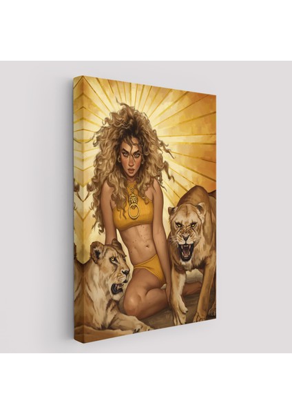 Aslanlarla Oturan Sarışın Vahşi Kadın Kanvas TABLO-5278