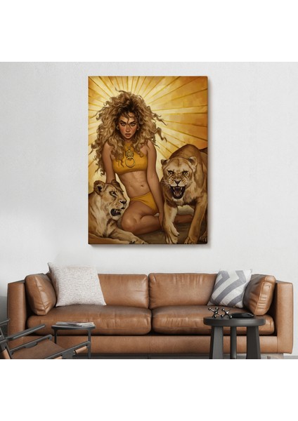 Aslanlarla Oturan Sarışın Vahşi Kadın Kanvas TABLO-5278 fiyatları