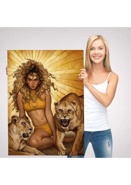 Aslanlarla Oturan Sarışın Vahşi Kadın Kanvas TABLO-5278 modelleri