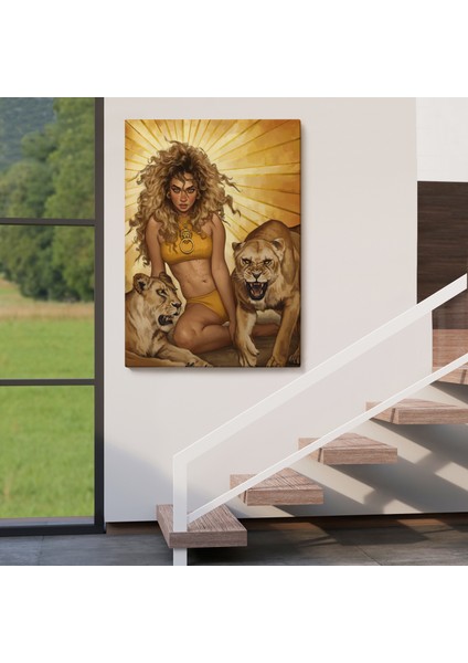 Aslanlarla Oturan Sarışın Vahşi Kadın Kanvas TABLO-5278 fırsatları