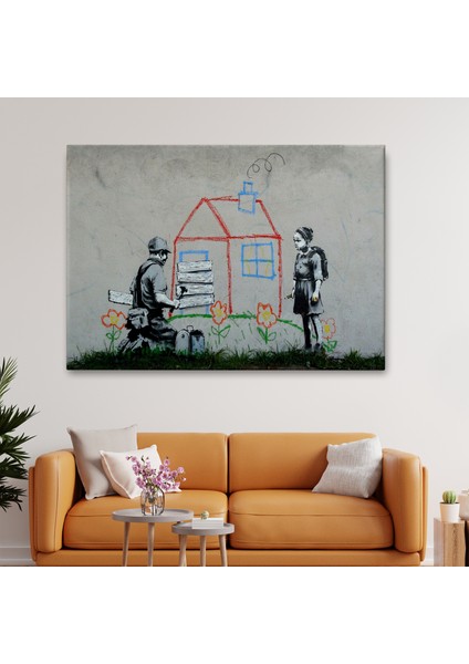 Bansky Çocuğun Çizdiği Evin Kapısını Kapatan Adam Kanvas TABLO-5019