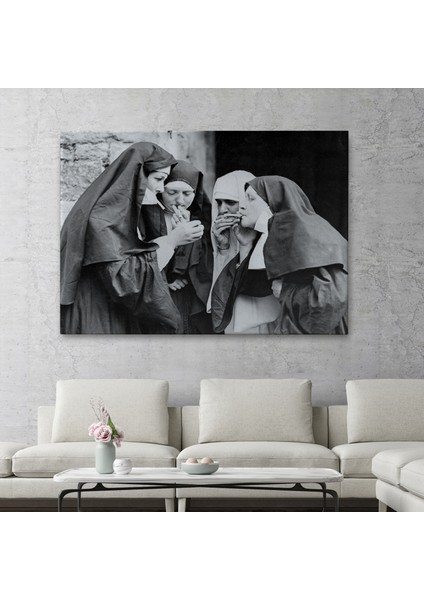 Sigara Içen Rahibeler Vintage Fotoğraf Tablo, Siyah ve Beyaz Kanvas TABLO-5376 fiyatları