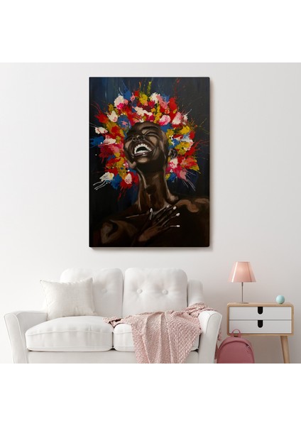 Yağlıboya Görünümlü Renkli Saçlı Gülen Siyahi Kadın TABLOSU-6367 fiyatları