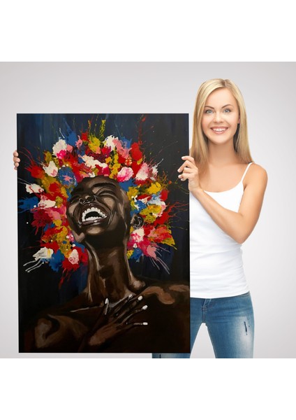 Yağlıboya Görünümlü Renkli Saçlı Gülen Siyahi Kadın TABLOSU-6367 modelleri