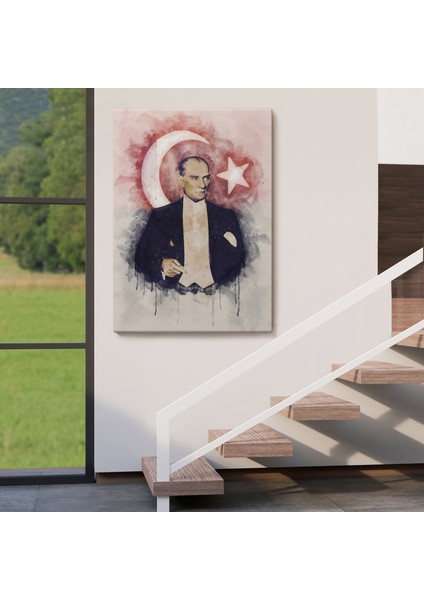 Mustafa Kemal Atatürk ve Türk Bayrağı Suluboya Görünümlü Dekoratif Kanvas Tablo-Cy-76 fırsatları