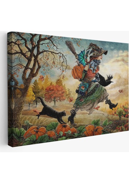 Cadı ve Kedisi Cadılar Bayramı Helloven Duvar Tablosu -6648