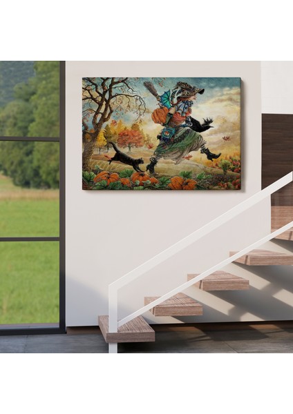 Cadı ve Kedisi Cadılar Bayramı Helloven Duvar Tablosu -6648 indirimleri