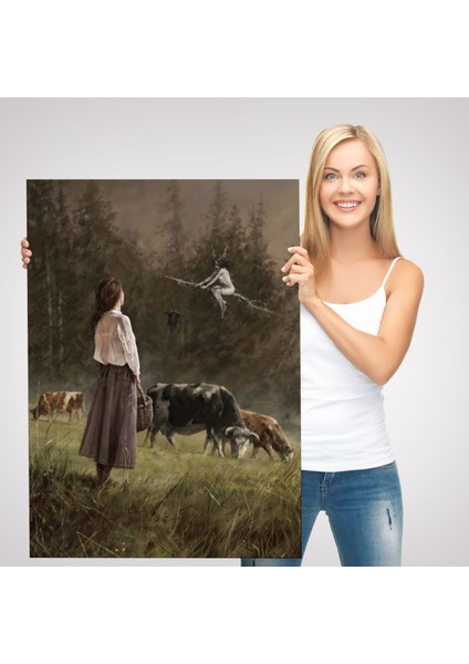 Süpürgeli Cadıya Özenen Kız Dekoratif Duvar Tablosu -6185 modelleri