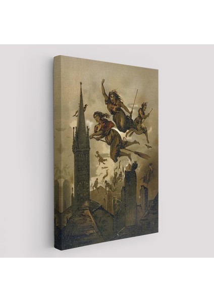 Süpürgelerindeki Cadılar Evlerinin Çatılarının Üzerinden Uçuyor Duvar TABLOSU-6118