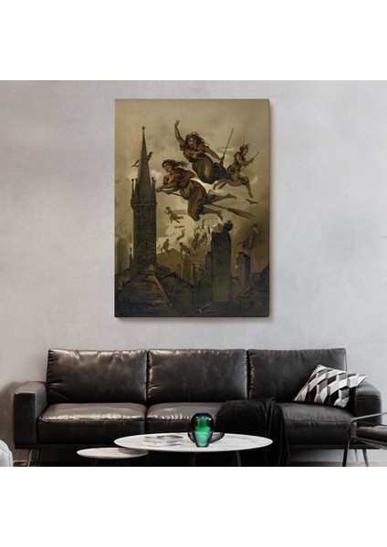 Süpürgelerindeki Cadılar Evlerinin Çatılarının Üzerinden Uçuyor Duvar TABLOSU-6118 fiyatları