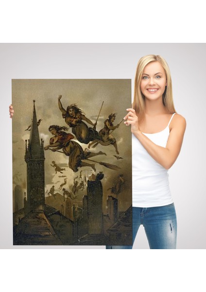 Süpürgelerindeki Cadılar Evlerinin Çatılarının Üzerinden Uçuyor Duvar TABLOSU-6118 modelleri