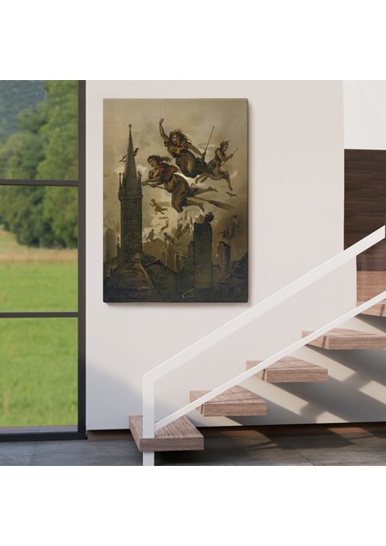 Süpürgelerindeki Cadılar Evlerinin Çatılarının Üzerinden Uçuyor Duvar TABLOSU-6118 fırsatları