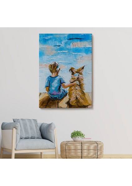 Göl Kenarında Oturan Çocuk ve Köpeği Duvar TABLO-5984 fiyatları