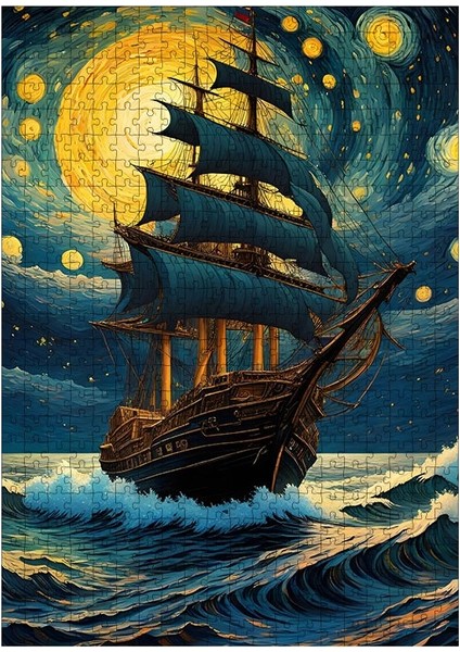 Ahşap Mdf Puzzle Yapboz Van Gogh Tarzında Yelkenli Gemi 500 Parça 50*70 Cm