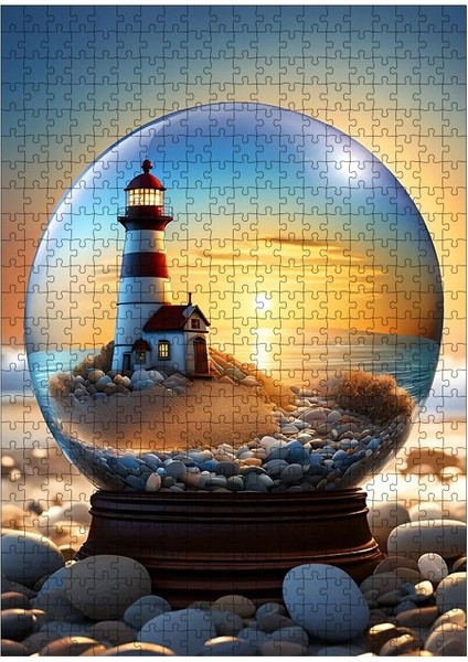 Ahşap Mdf Puzzle Yapboz Kar Küresindeki Deniz Feneri 500 Parça 50*70 Cm