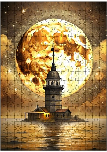 Ahşap Mdf Puzzle Yapboz Dolunay ve Istanbul Kız Kulesi 255 Parça 35*50 cm