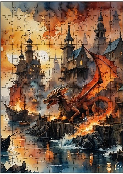 Ahşap Mdf Puzzle Yapboz Ejderha ve Eski Kasaba 120 Parça 25*35 cm