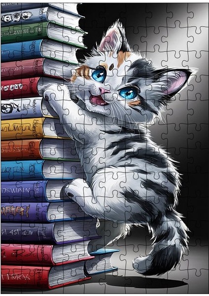 Ahşap Mdf Puzzle Yapboz Kedi ve Kitaplar 120 Parça 25*35 cm