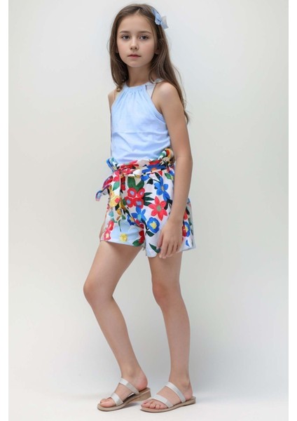 Kız Çocuk Renkli Flower Baskı ve Halter Yaka Lightblue Bluz Şortlu Takım