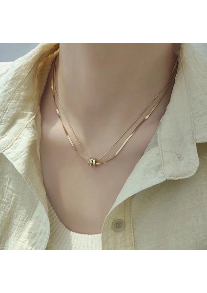 Kadın Çelik Kolye 2'li Italyan Kemik Zincir Zirkon Taş Halka Kolye