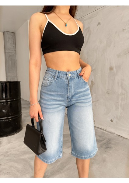 Kadın Yüksek Bel Diz Altı Baggy Bermuda Şort Denim