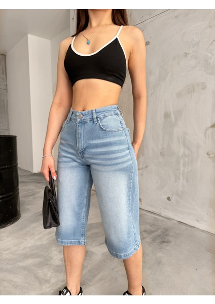 Kadın Yüksek Bel Diz Altı Baggy Bermuda Şort Denim fırsatları