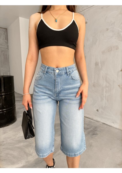 Kadın Yüksek Bel Diz Altı Baggy Bermuda Şort Denim indirimleri