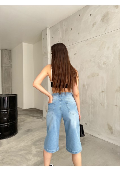 Kadın Yüksek Bel Diz Altı Baggy Bermuda Şort Denim