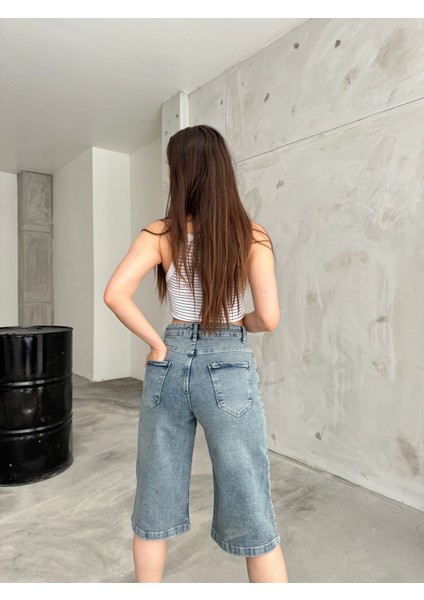 Kadın Yüksek Bel Diz Altı Baggy Bermuda Şort Denim modelleri