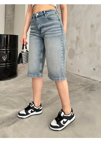 Kadın Yüksek Bel Diz Altı Baggy Bermuda Şort Denim fırsatları