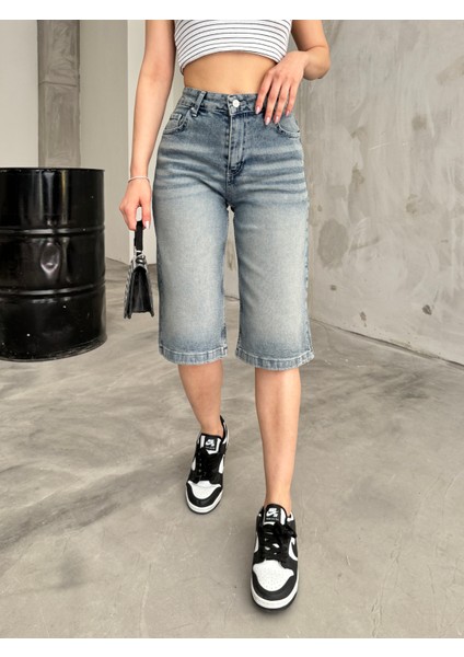 Kadın Yüksek Bel Diz Altı Baggy Bermuda Şort Denim indirimleri