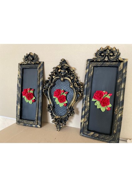 Siyah Gül Detaylı 3 Lü Tablo Set