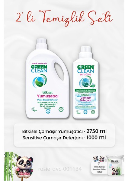 Green Clean Çamaşır Yumuşatıcı 2750 Ml, Sensitive Çamaşır Deterjanı 1lt  ve Rosıe