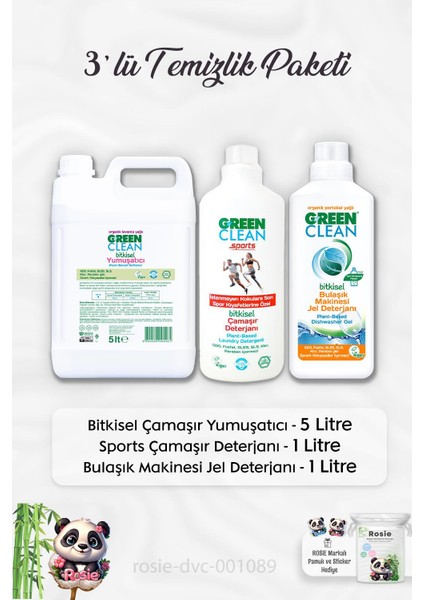 Green Clear Yumuşatıcı 5 Lt, Sports Çamaşır Deterjanı 1 Lt, B.makinesi Deterjanı 1 Lt ve Rosıe