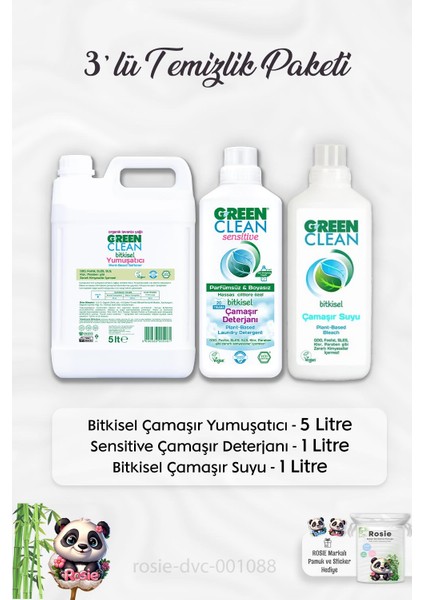 Green Clean Bitkisel Çamaşır Yumuşatıcı 5 Lt, Çamaşır Deterjanı 1 Lt, Çamaşır Suyu 1lt ve Rosıe