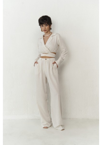 Estila Bej Crop Pantolon Takım