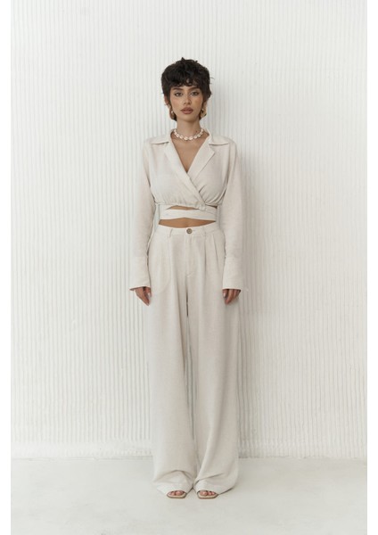 Estila Bej Crop Pantolon Takım