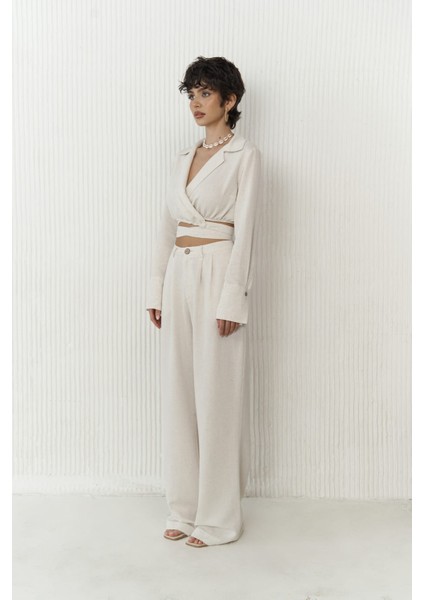 Estila Bej Crop Pantolon Takım