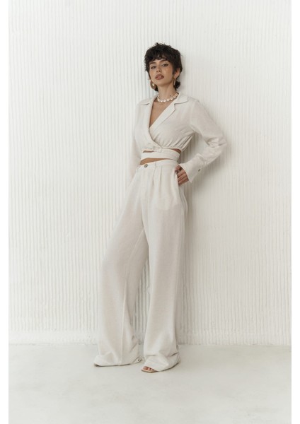 Estila Bej Crop Pantolon Takım