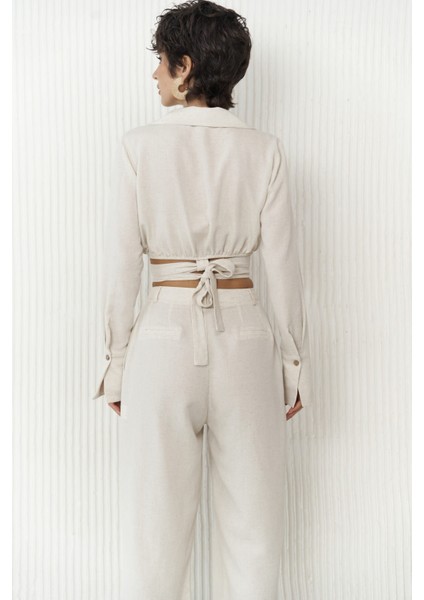 Estila Bej Crop Pantolon Takım